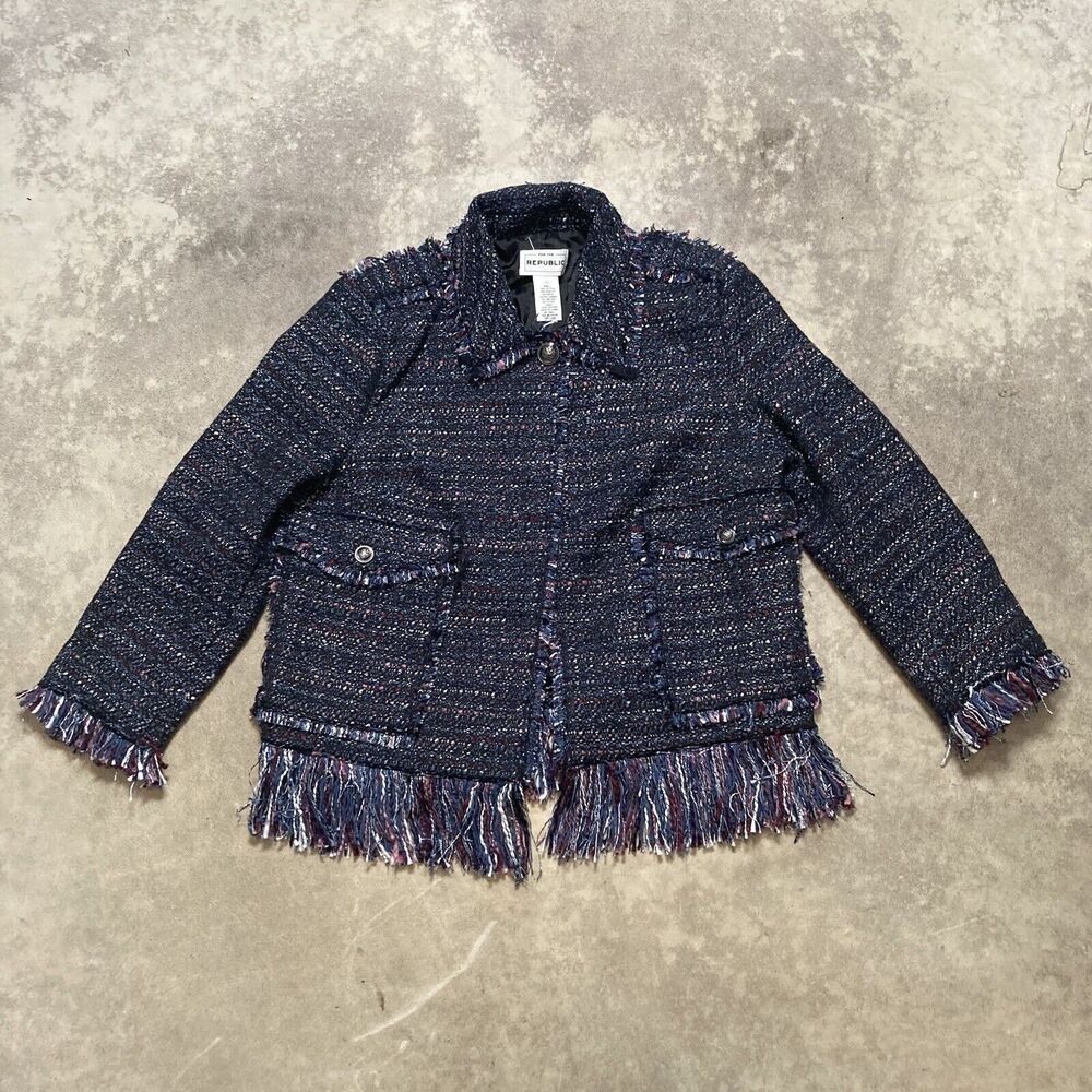 For The Republic Blazer Womens Size 6 Blue Tweed Fringe One Button Jacket